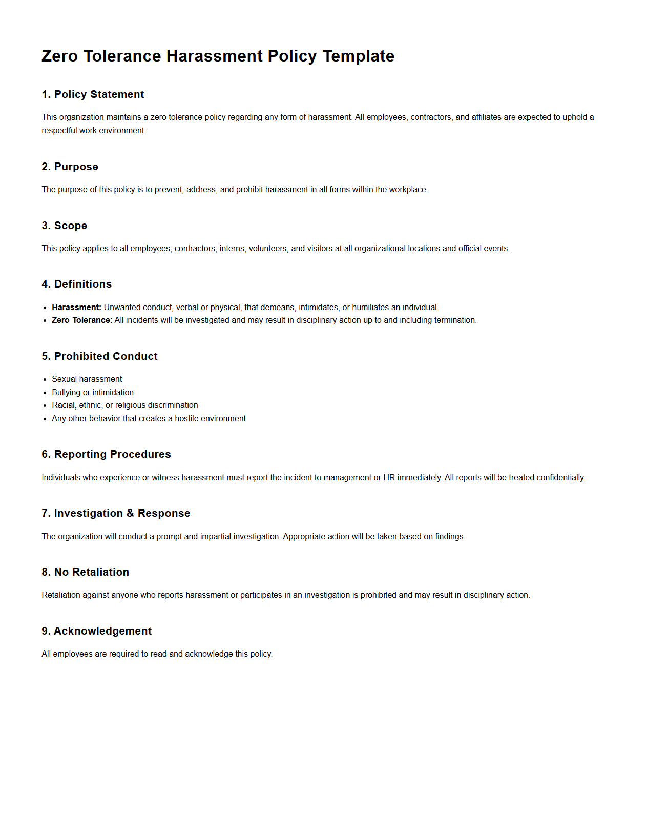 Blank Zero Tolerance Harassment Policy Template