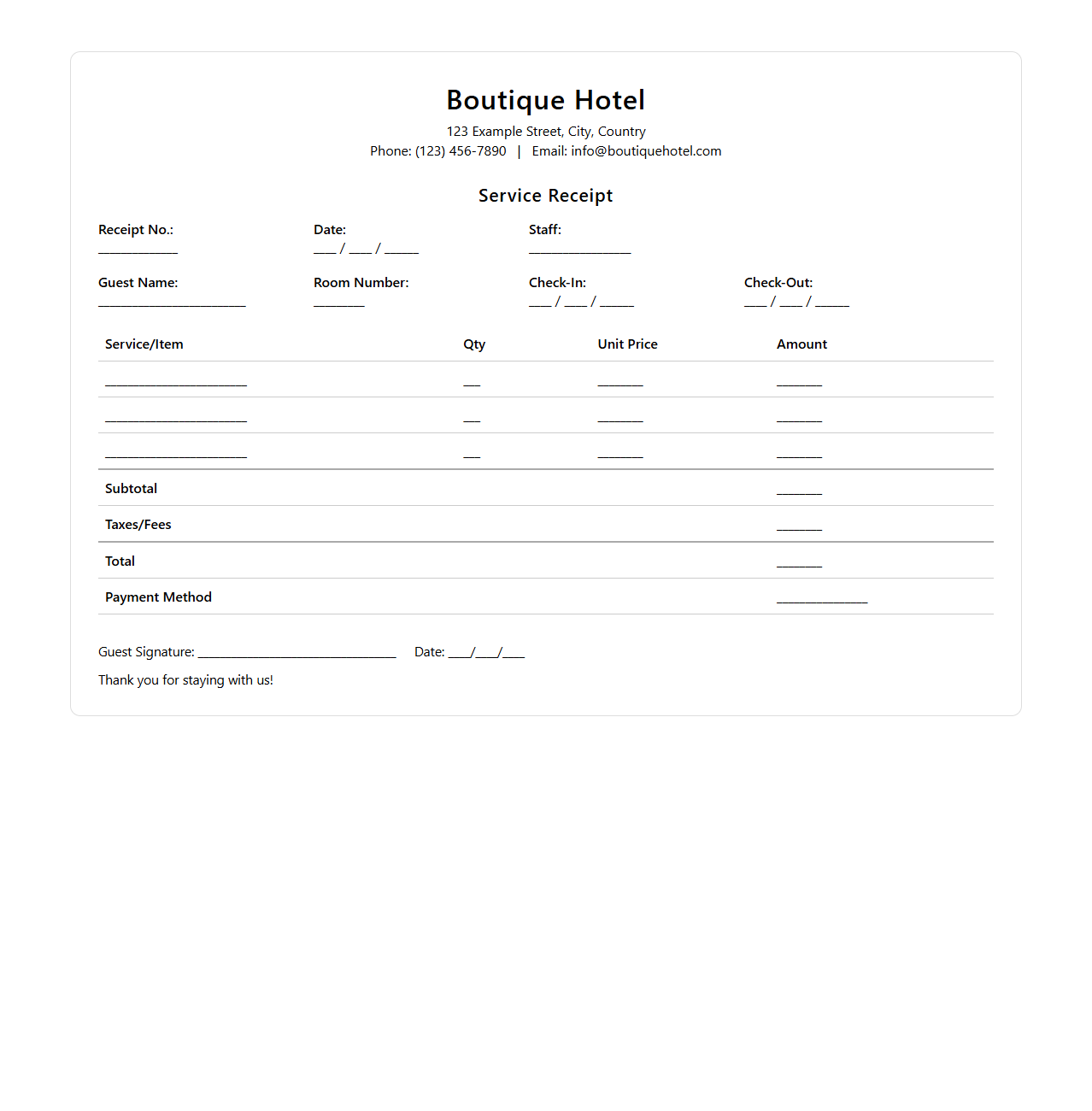 Boutique Hotel Service Receipt Template