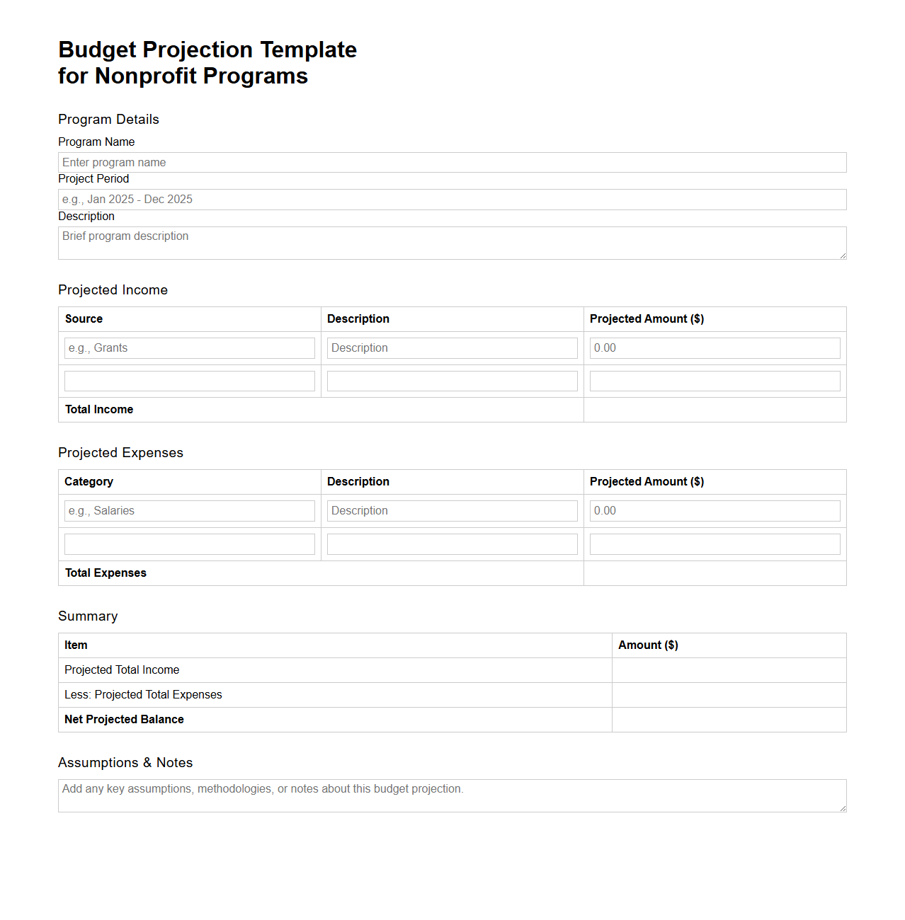 Budget Projection Template for Nonprofit Programs