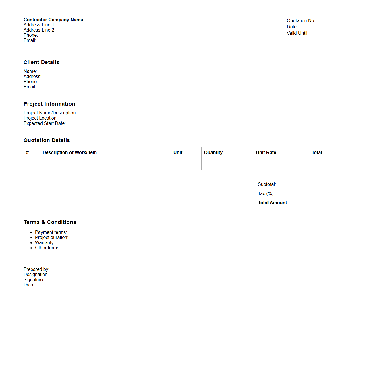 Building Contractor Quotation Layout