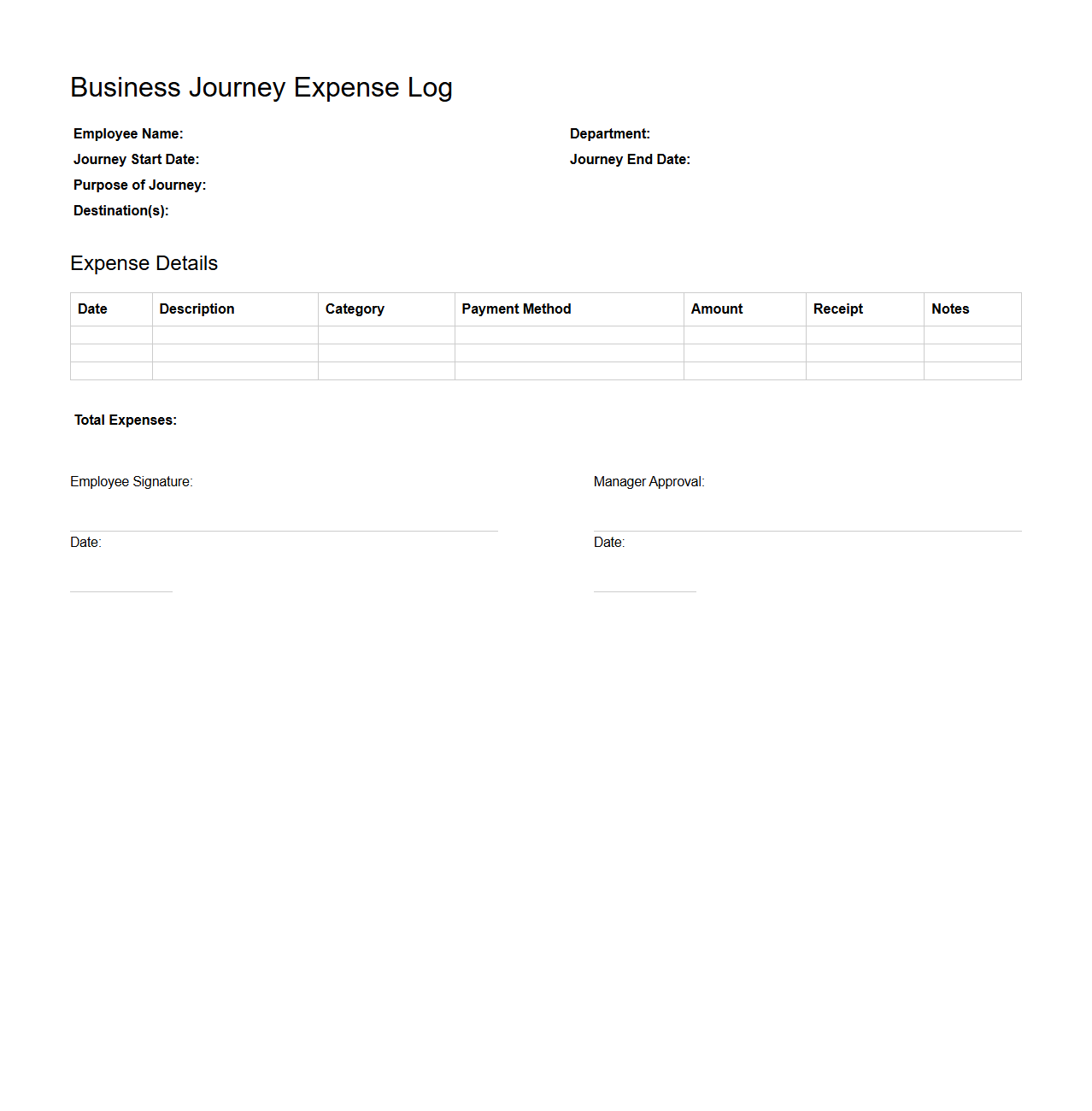 Business Journey Expense Log Template