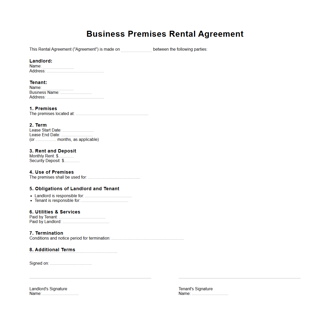 Business Premises Rental Agreement Template