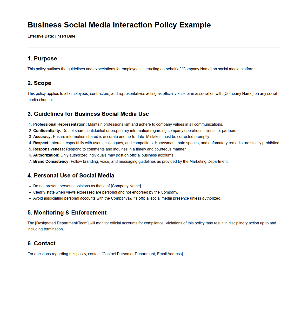 Business Social Media Interaction Policy Example