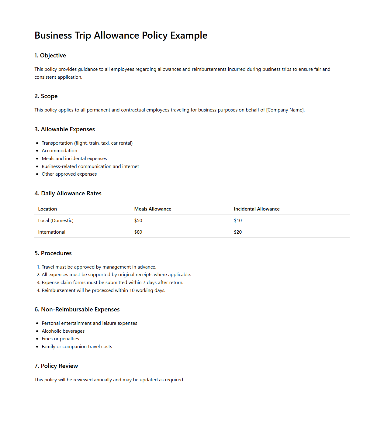 Business Trip Allowance Policy Example