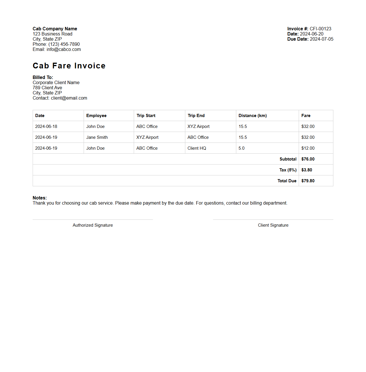 Cab Fare Invoice Template for Corporate Clients
