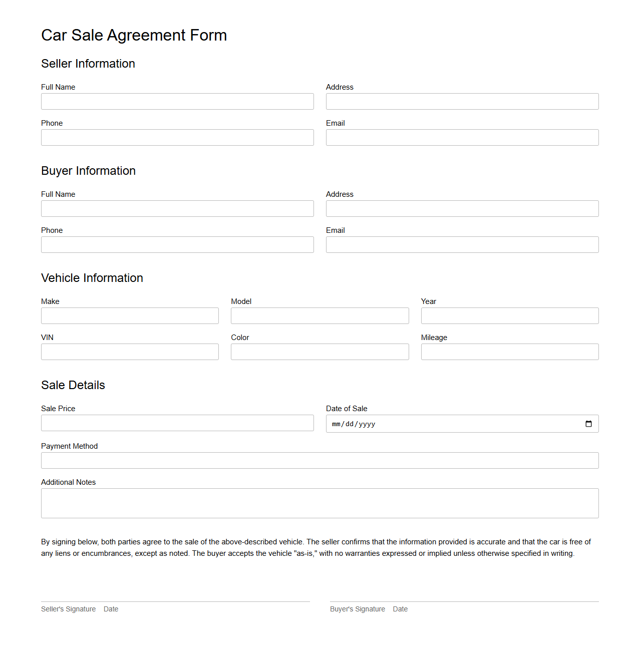 Car Sale Agreement Form