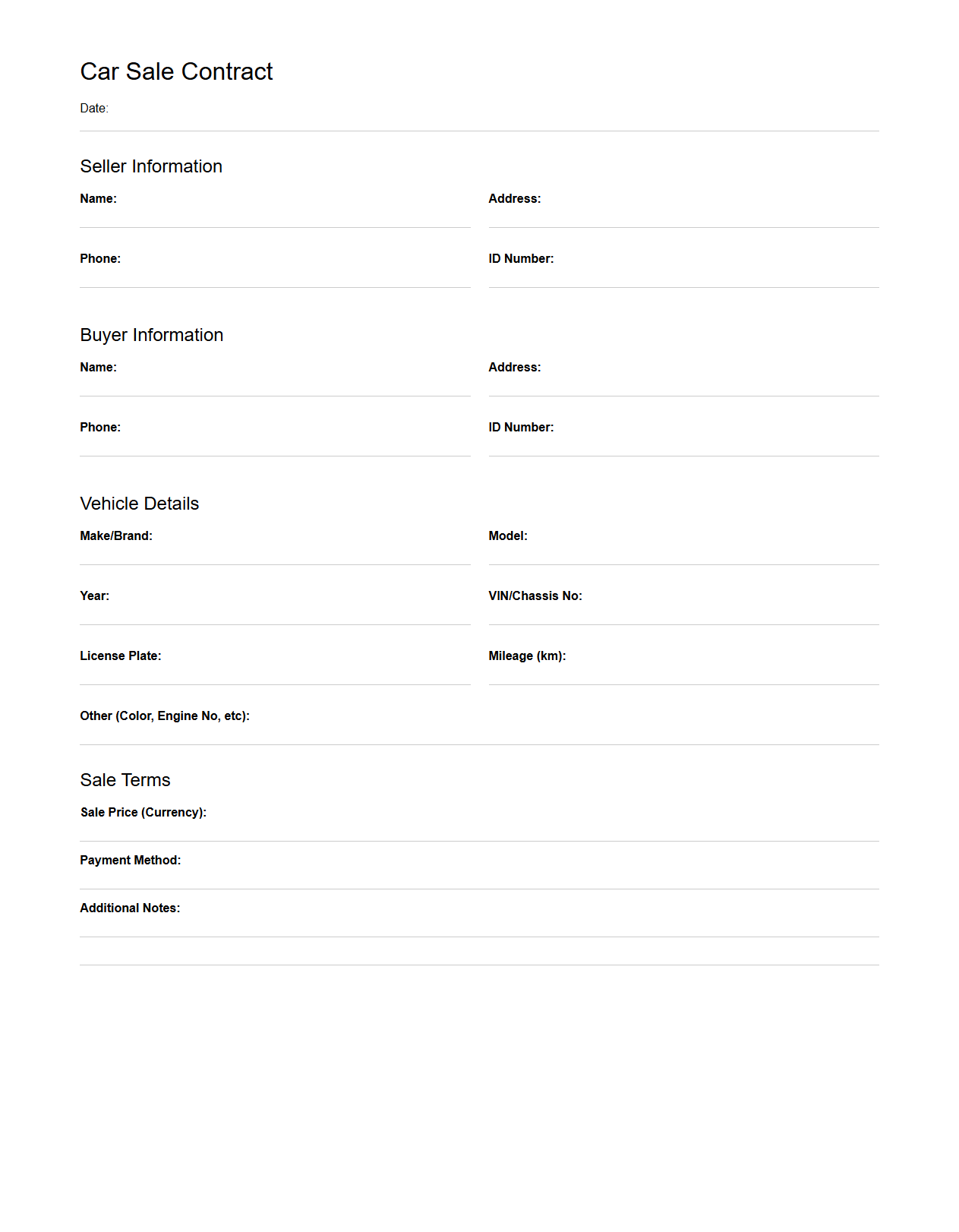 Car Sale Contract Blank Document