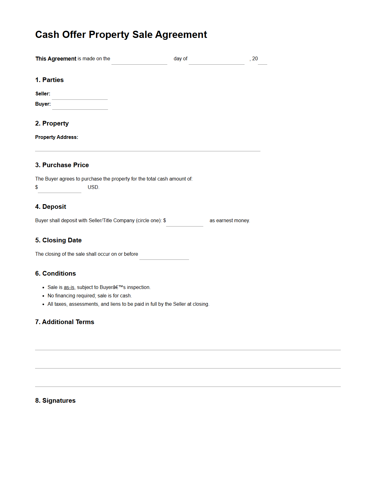 Cash Offer Property Sale Agreement Template