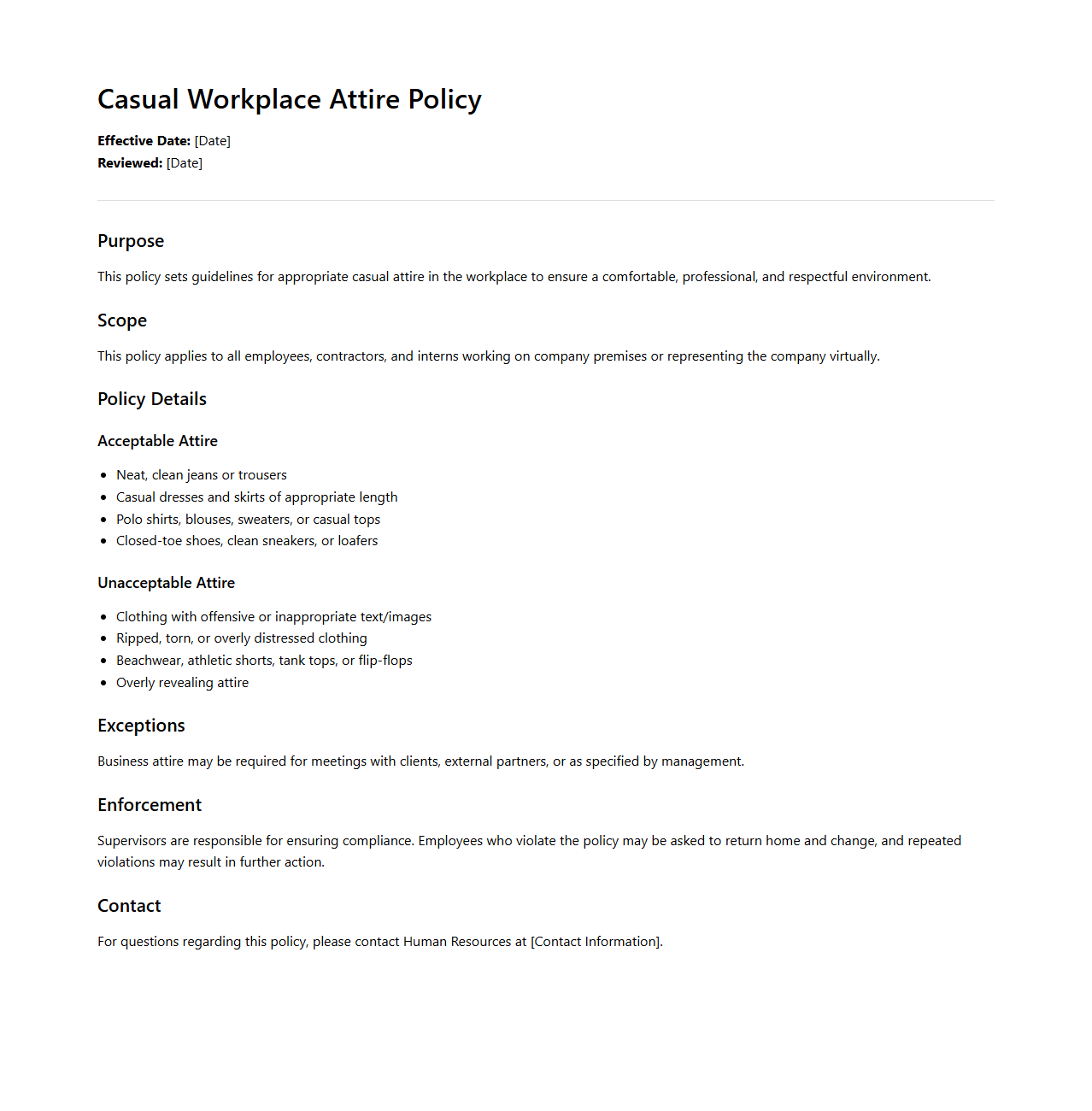 Casual Workplace Attire Policy Document