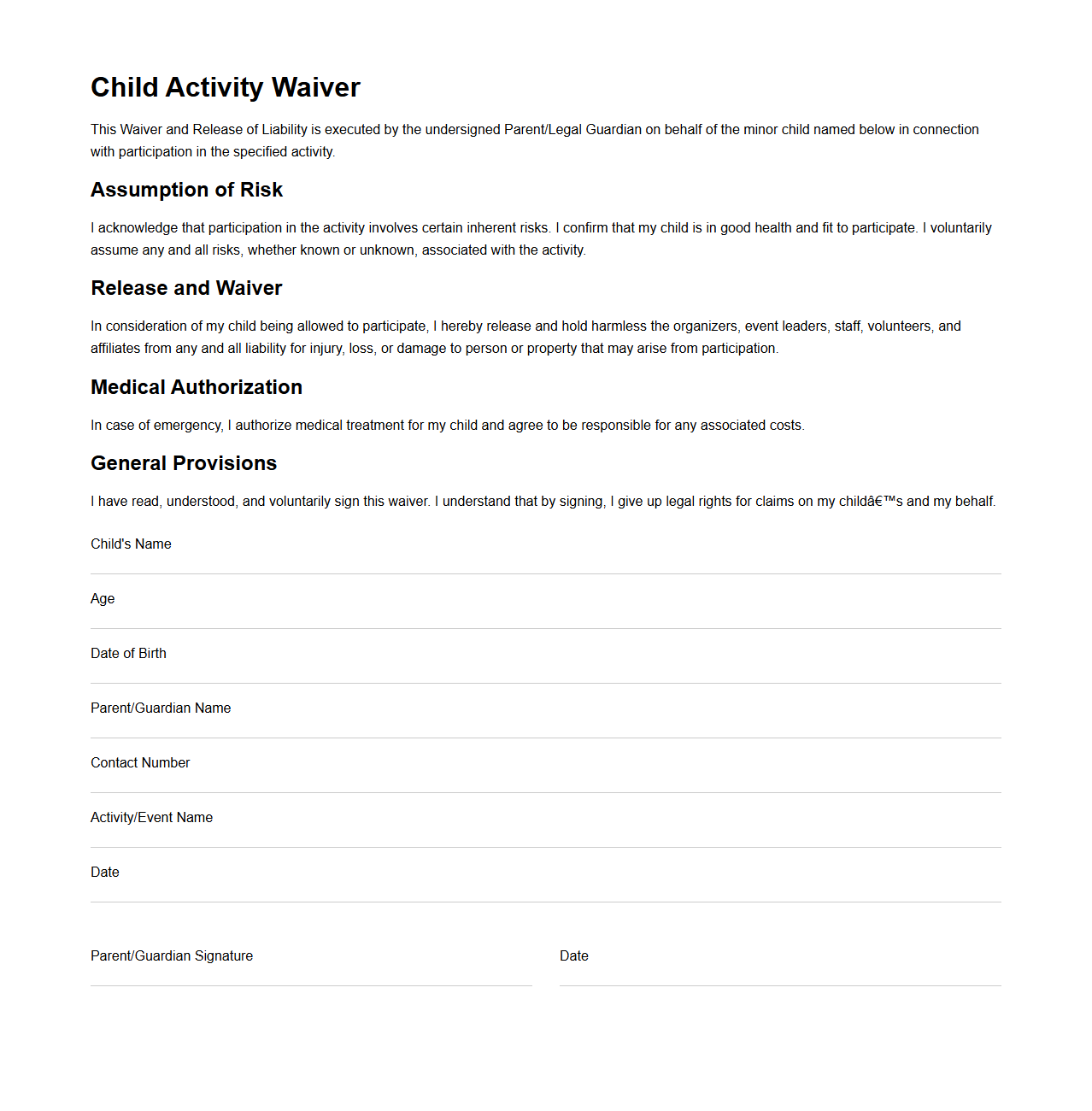 Child Activity Waiver Template