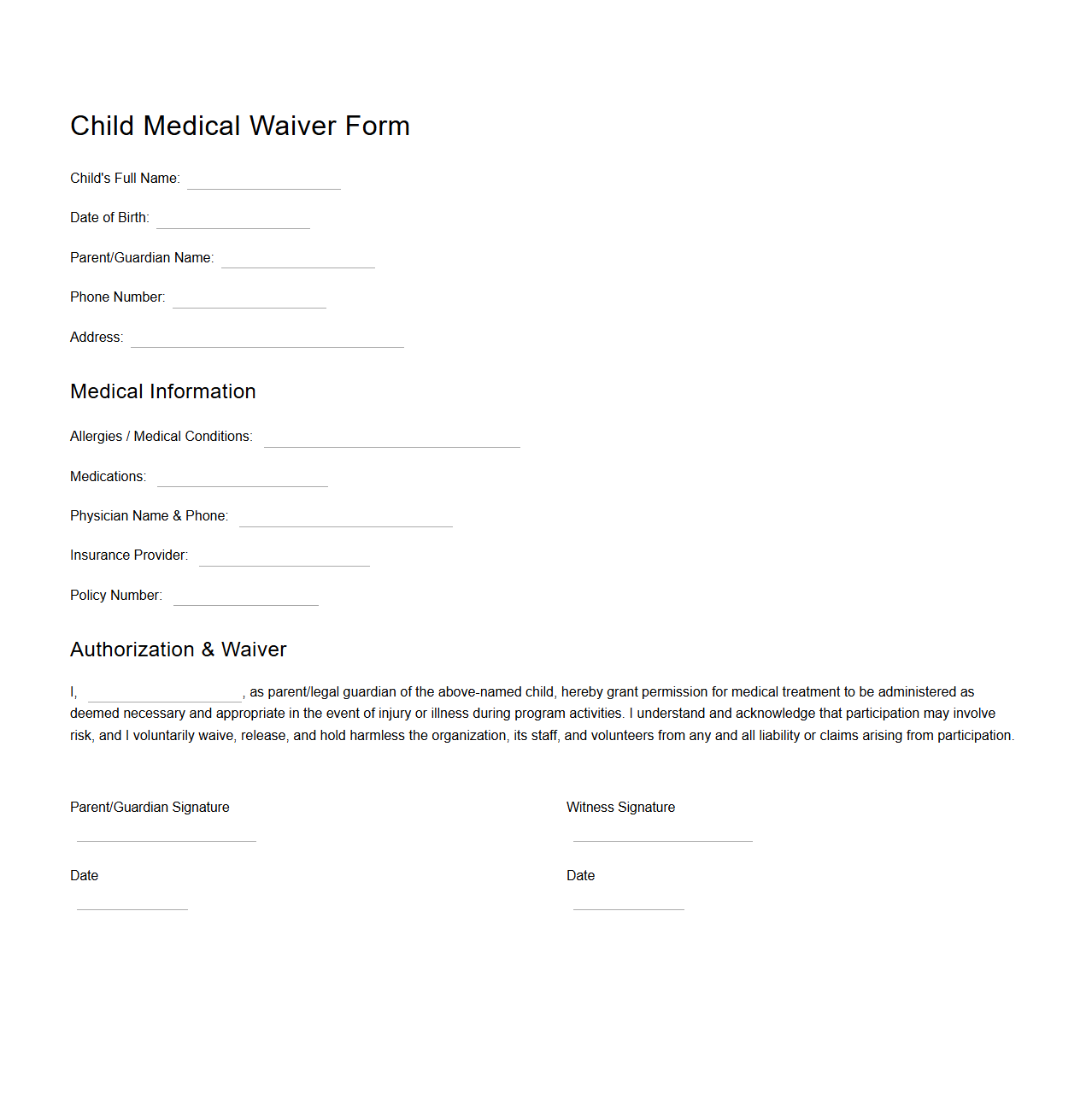 Child Medical Waiver Template