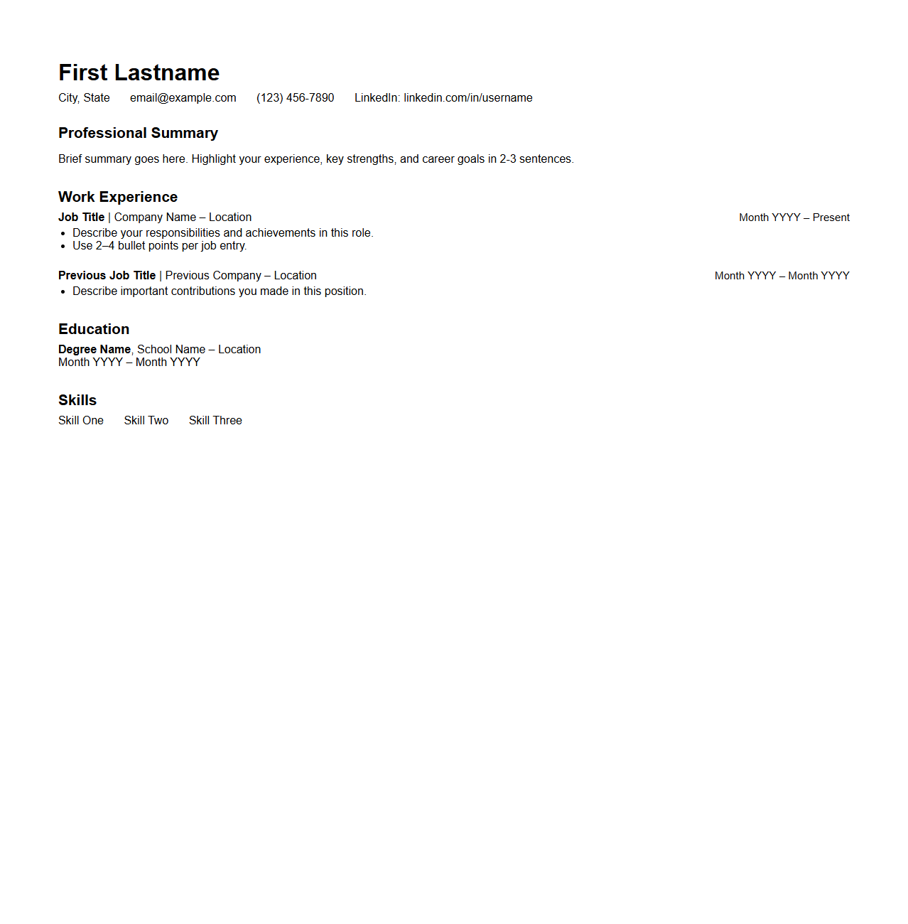 Chronological Job History Resume Template