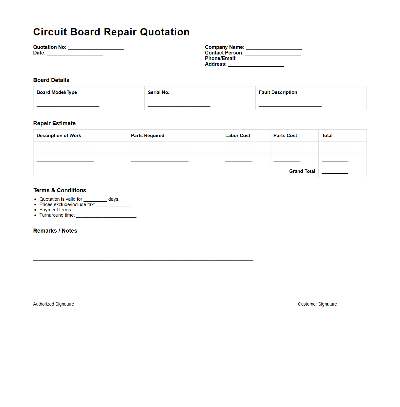 Circuit Board Repair Quotation Template