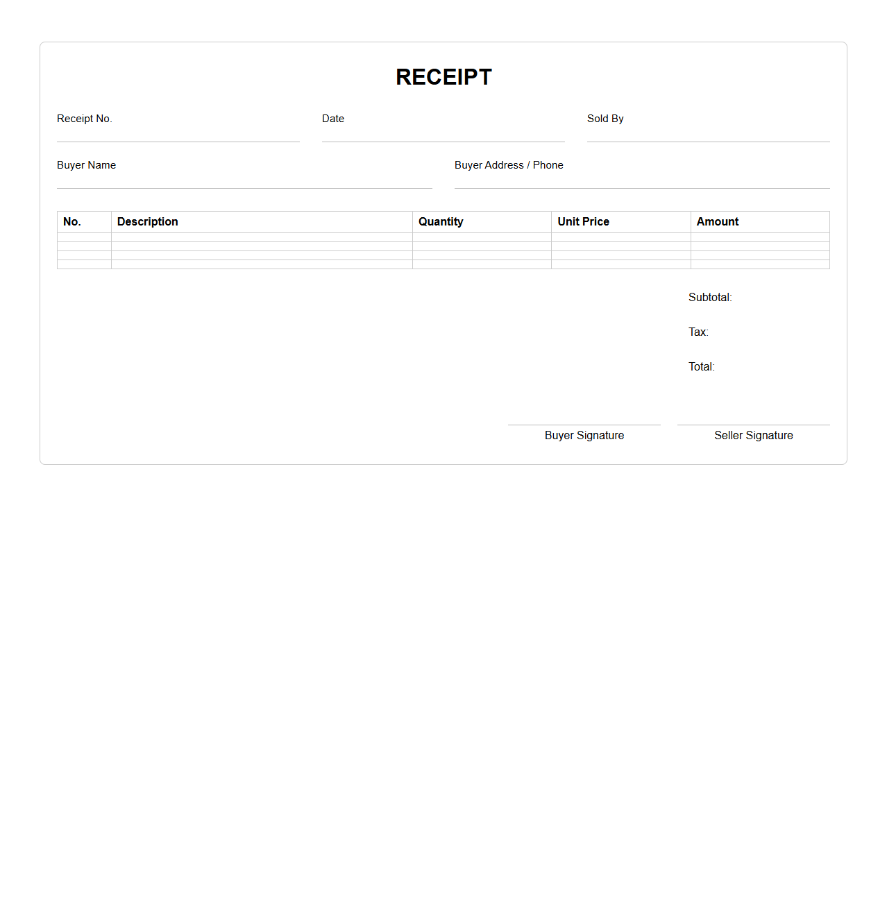 Classic Blank Receipt Sheet for Sales Records