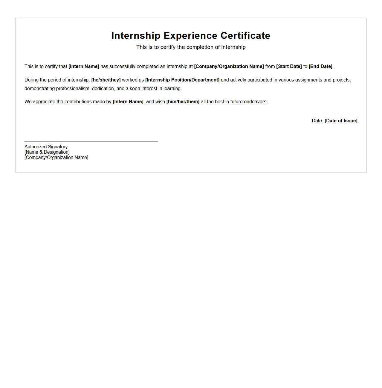 Classic Internship Experience Certificate Template