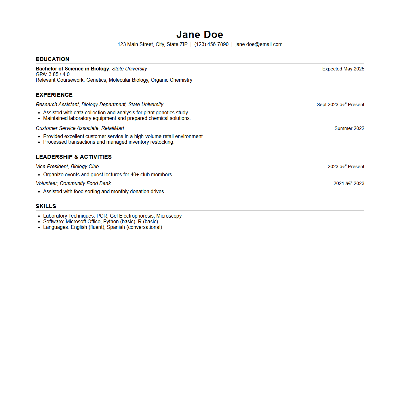 Classic Undergraduate Resume Example