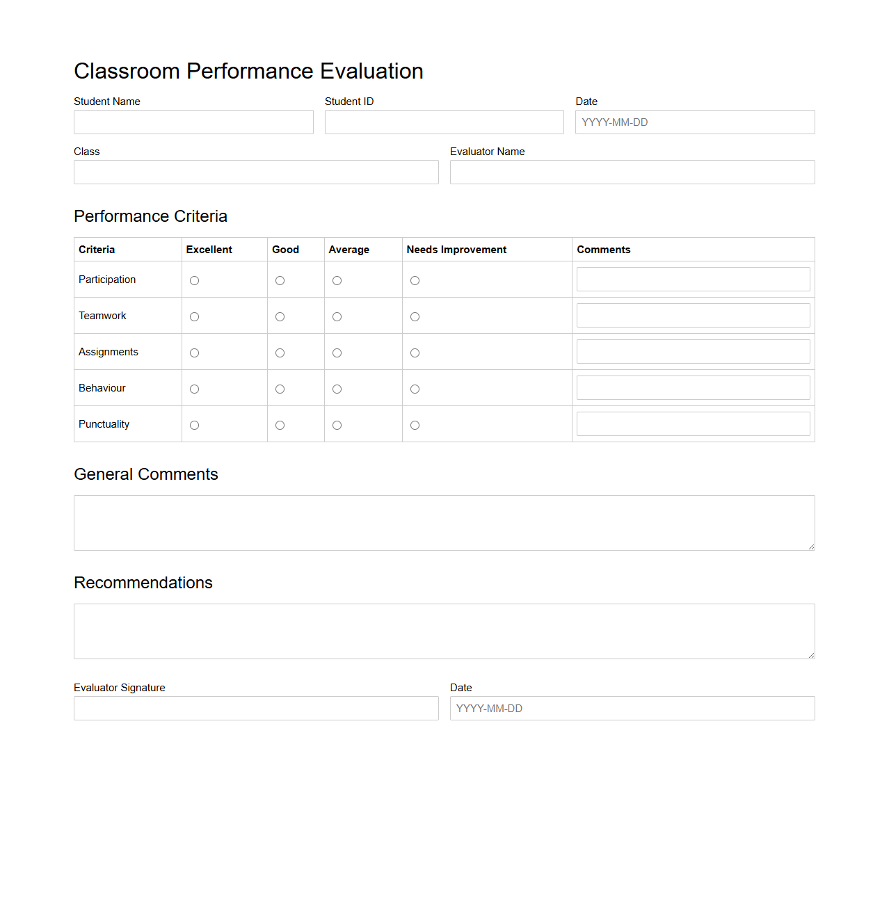 Classroom Performance Evaluation Template