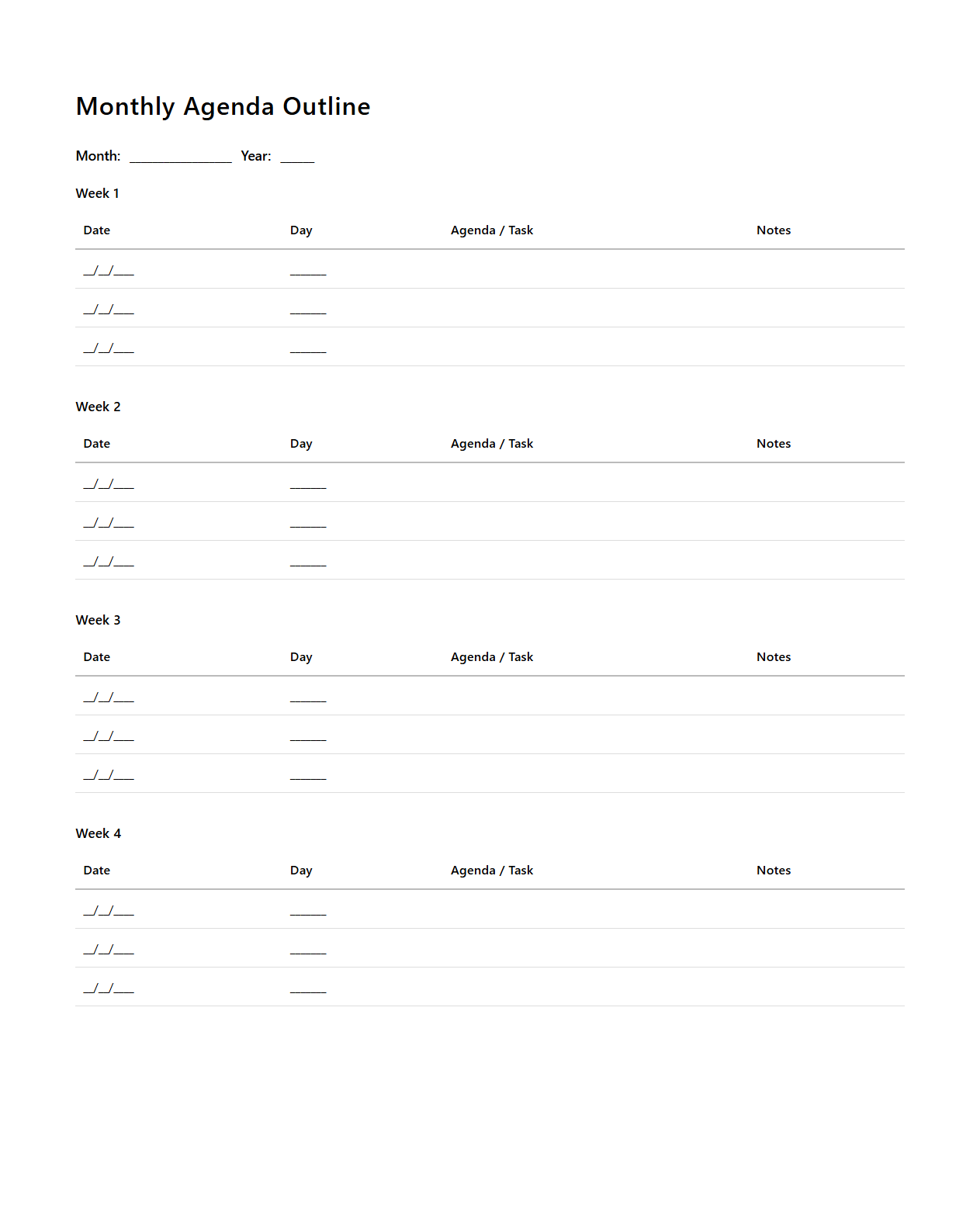 Clean Monthly Agenda Outline