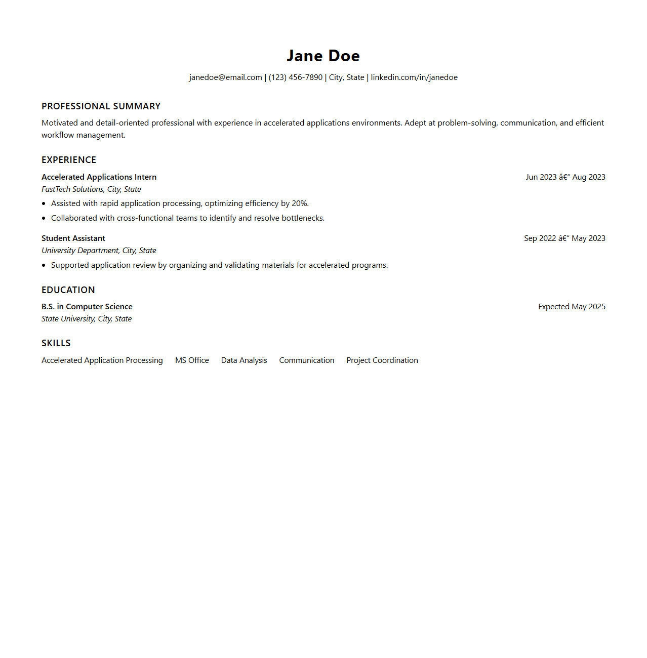 Clean One-Page Resume Format for Accelerated Applications