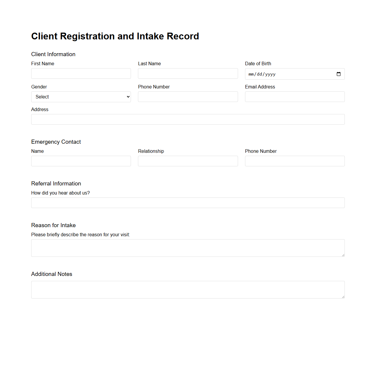Client Registration and Intake Record