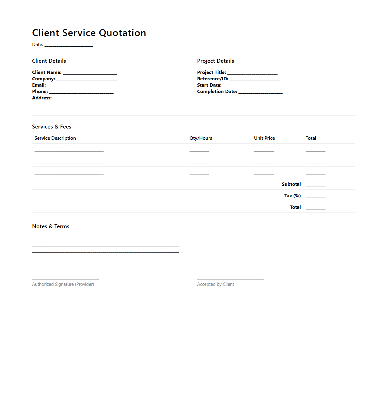 Client Service Quotation Document for New Projects