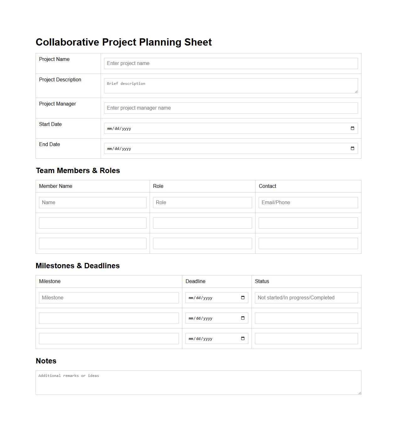 Collaborative Project Planning Sheet