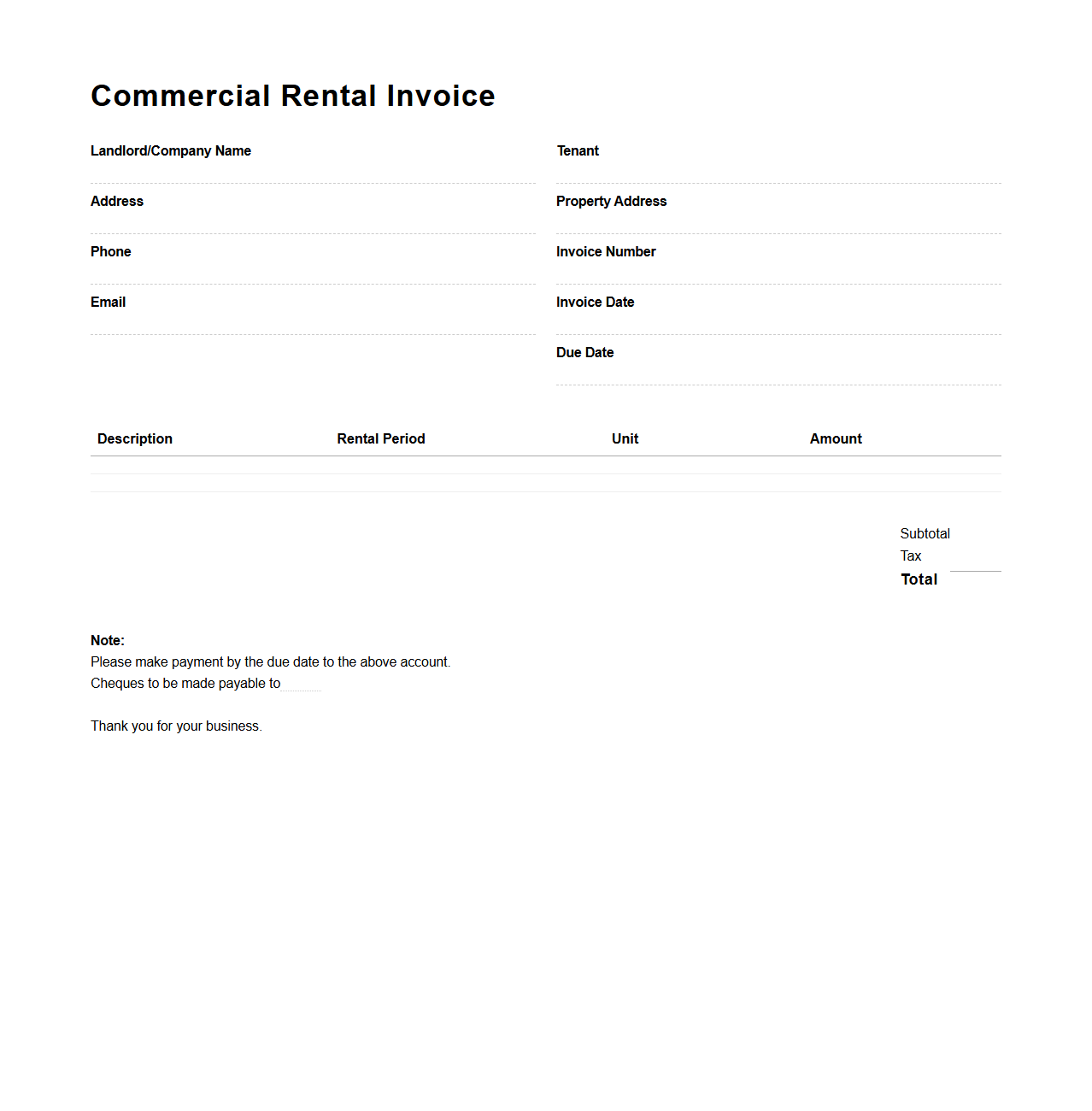 Commercial Rental Invoice Document
