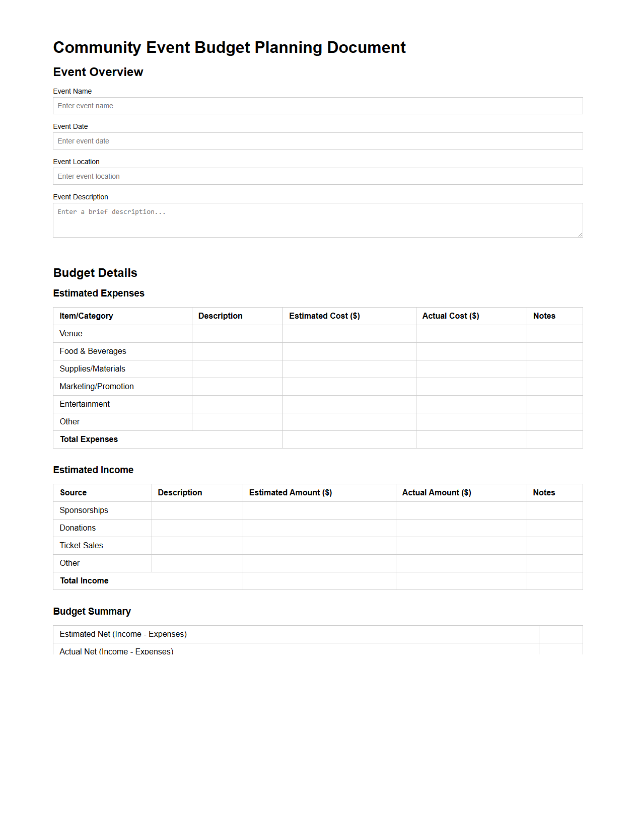 Community Event Budget Planning Document