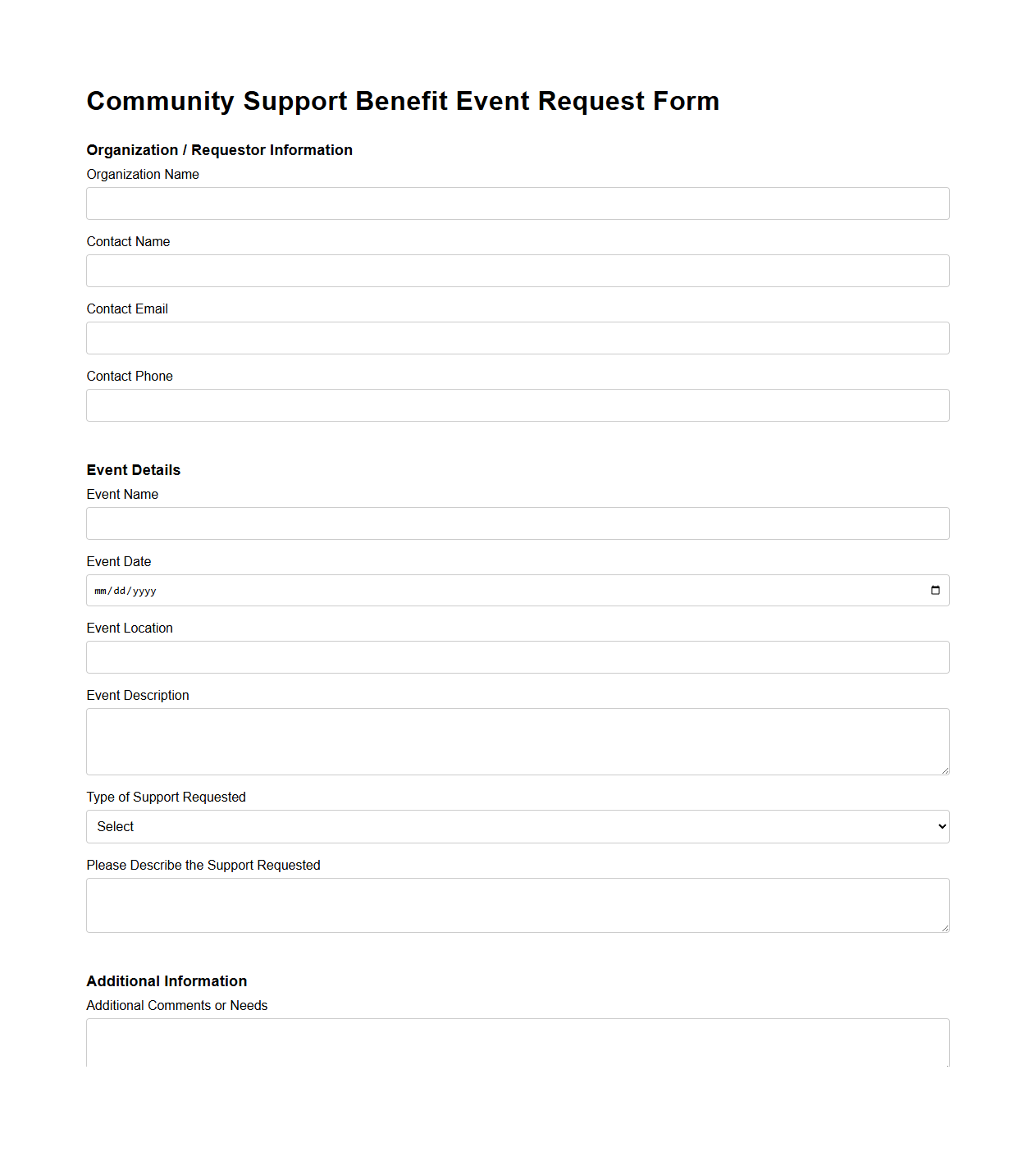 Community Support Blank Form for Benefit Events