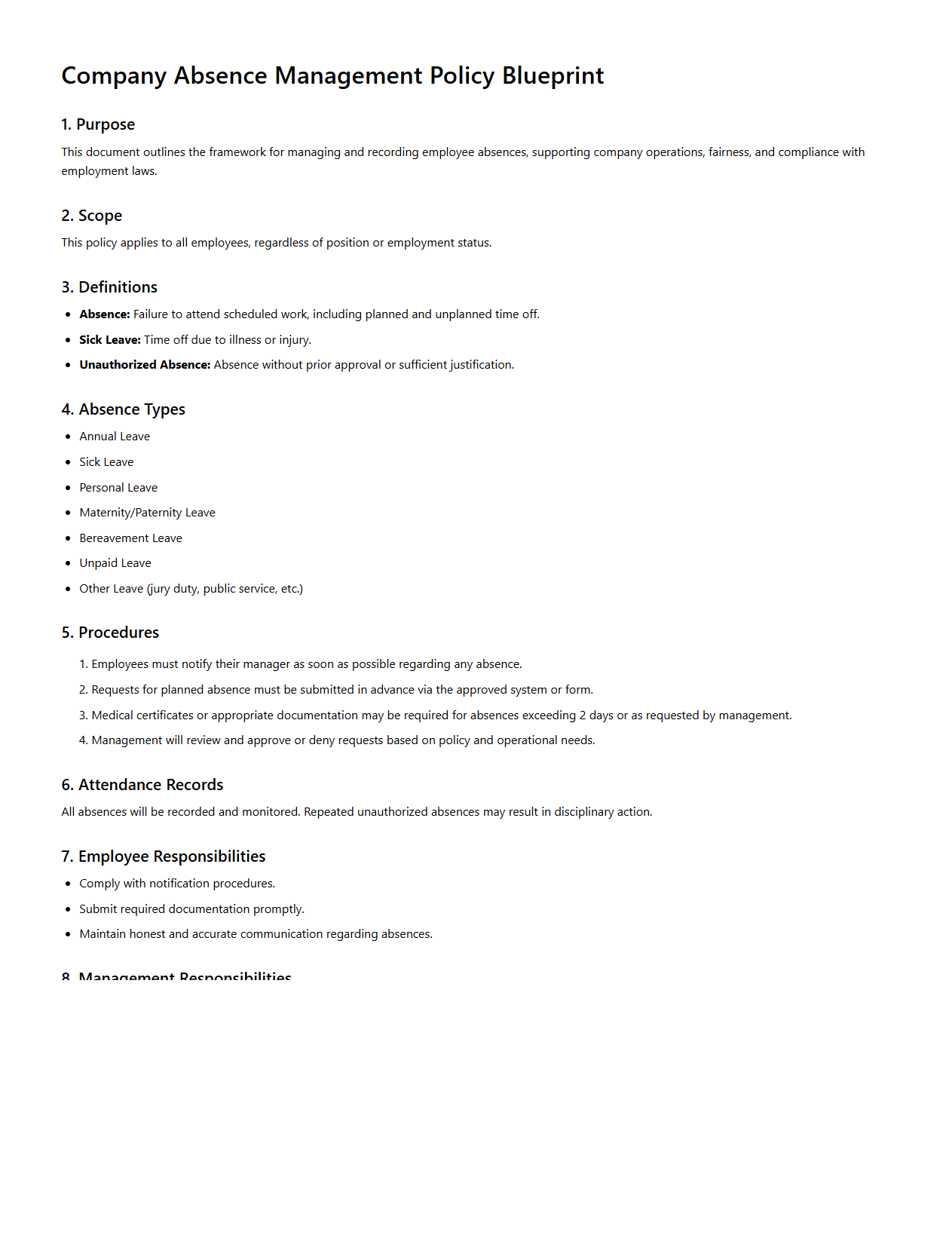 Company Absence Management Policy Blueprint