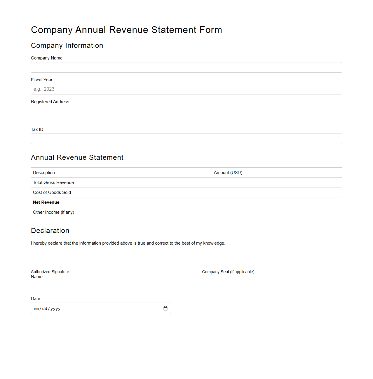 Company Annual Revenue Statement Form