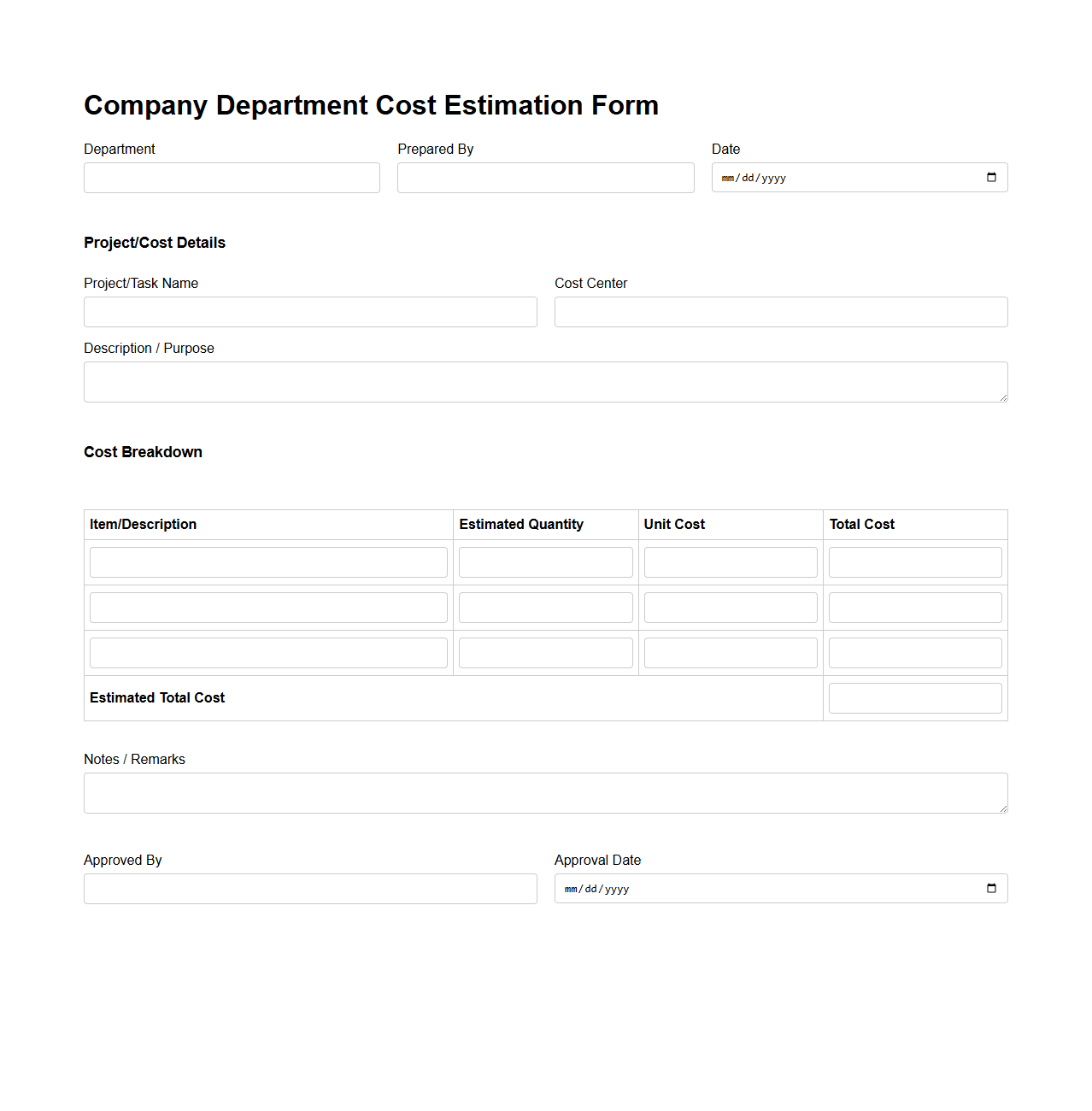 Company Department Cost Estimation Form