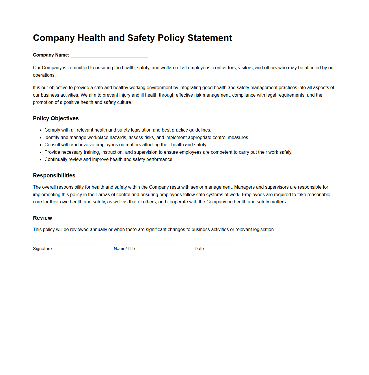 Company Health and Safety Policy Statement