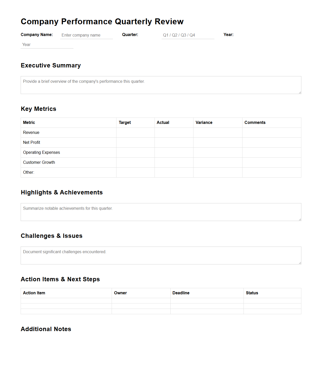 Company Performance Quarterly Review Template