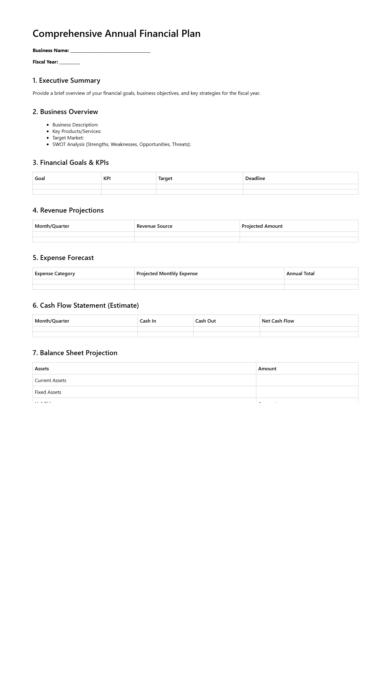 Comprehensive Annual Financial Plan Template for Small Business