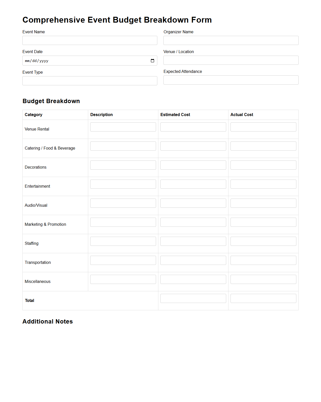 Comprehensive Event Budget Breakdown Form