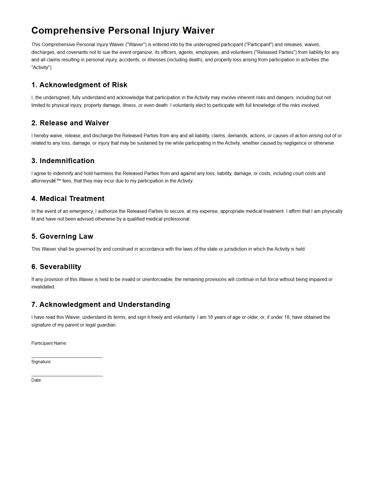 Comprehensive Personal Injury Waiver Template