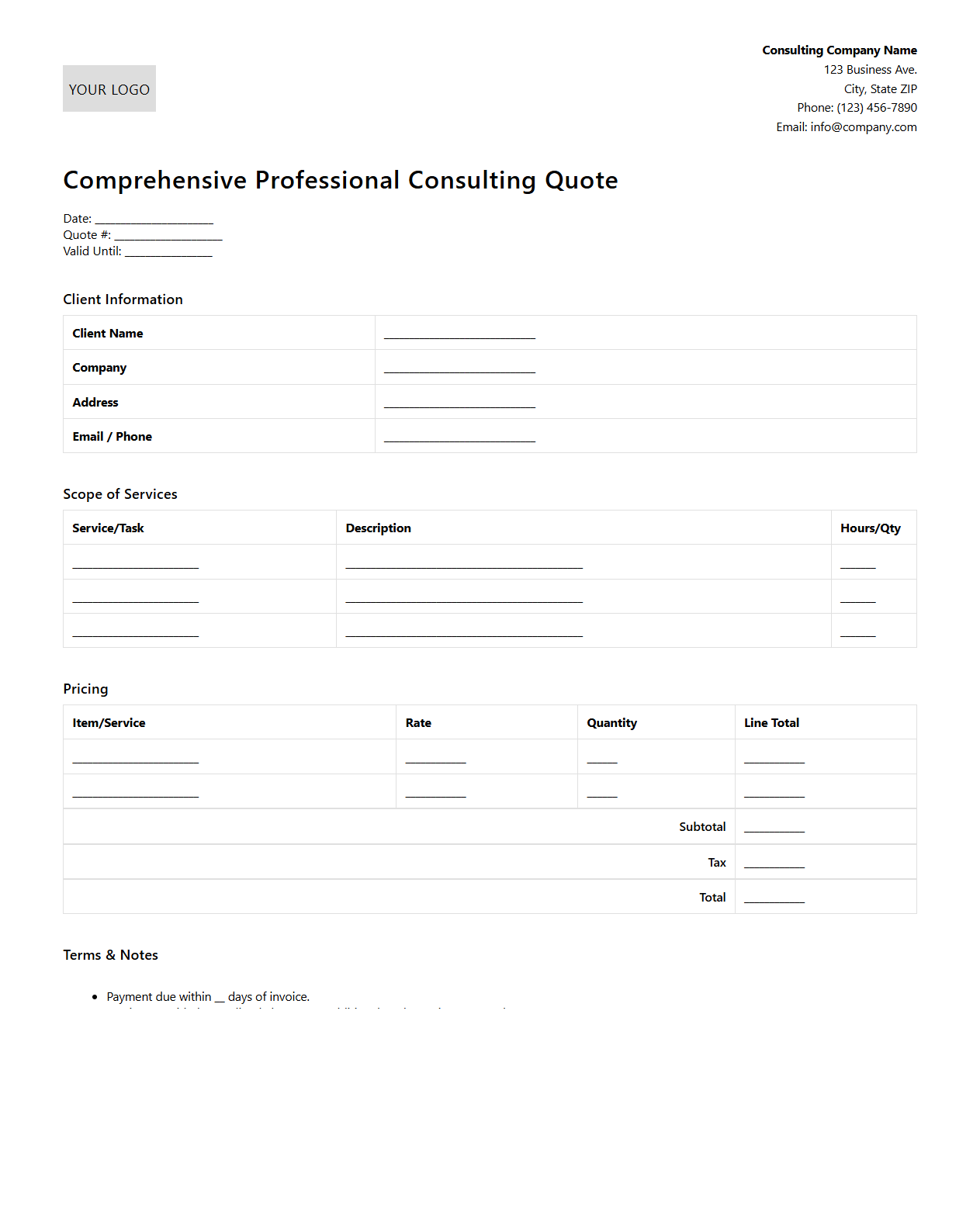 Comprehensive Professional Consulting Quote Template