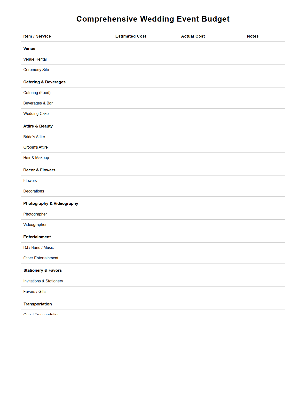 Comprehensive Wedding Event Budget Table