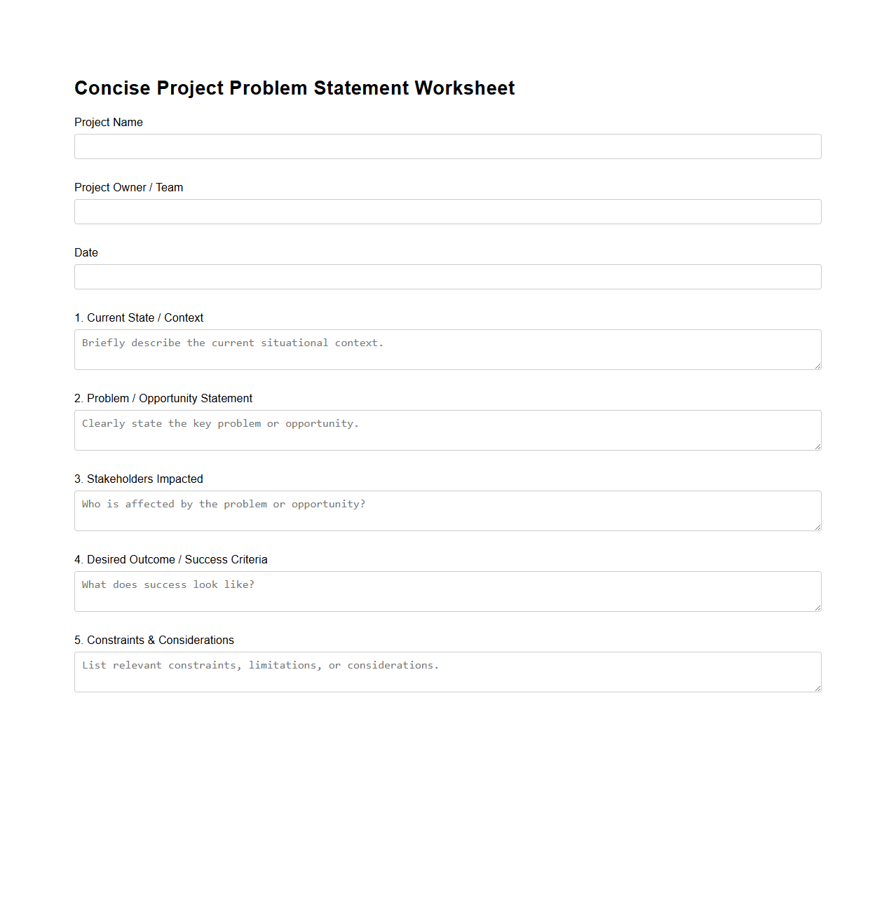 Concise Project Problem Statement Worksheet