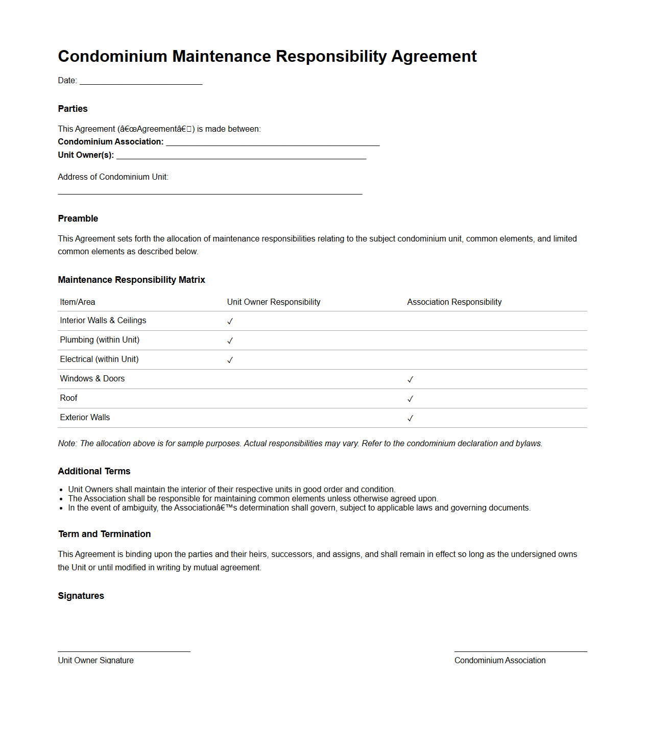 Condominium Maintenance Responsibility Agreement Template