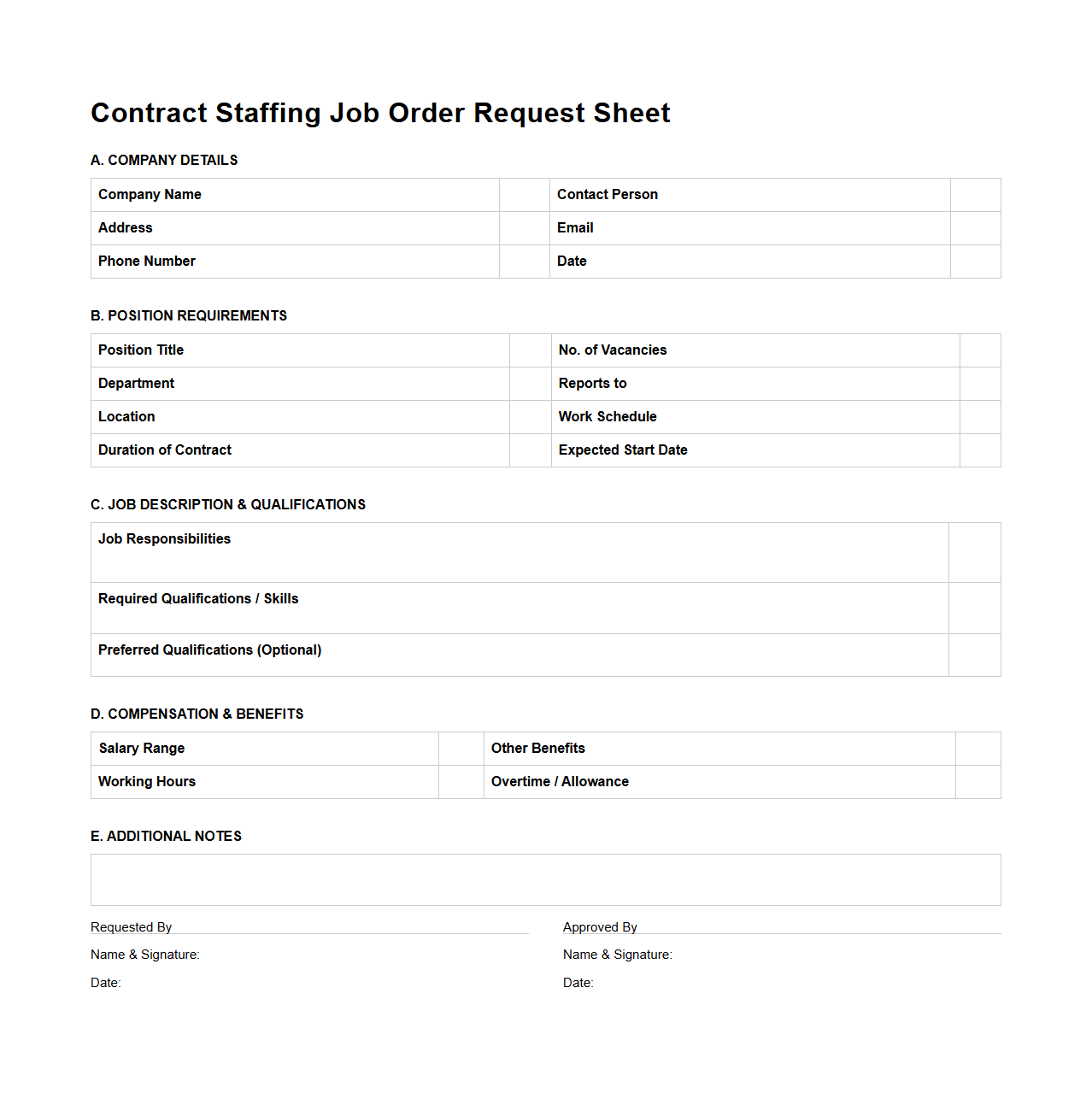 Contract Staffing Job Order Request Sheet