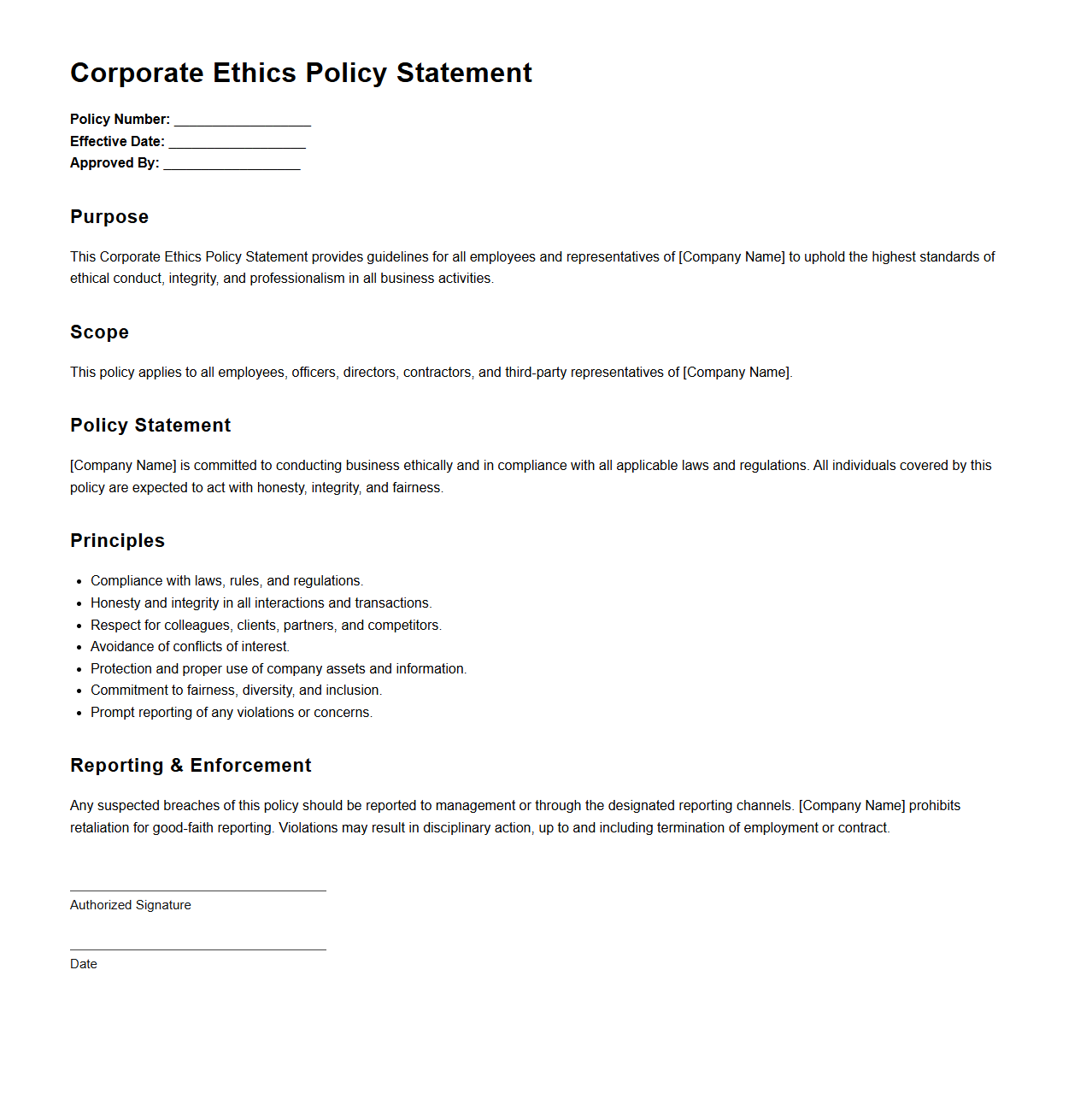 Corporate Ethics Policy Statement Format