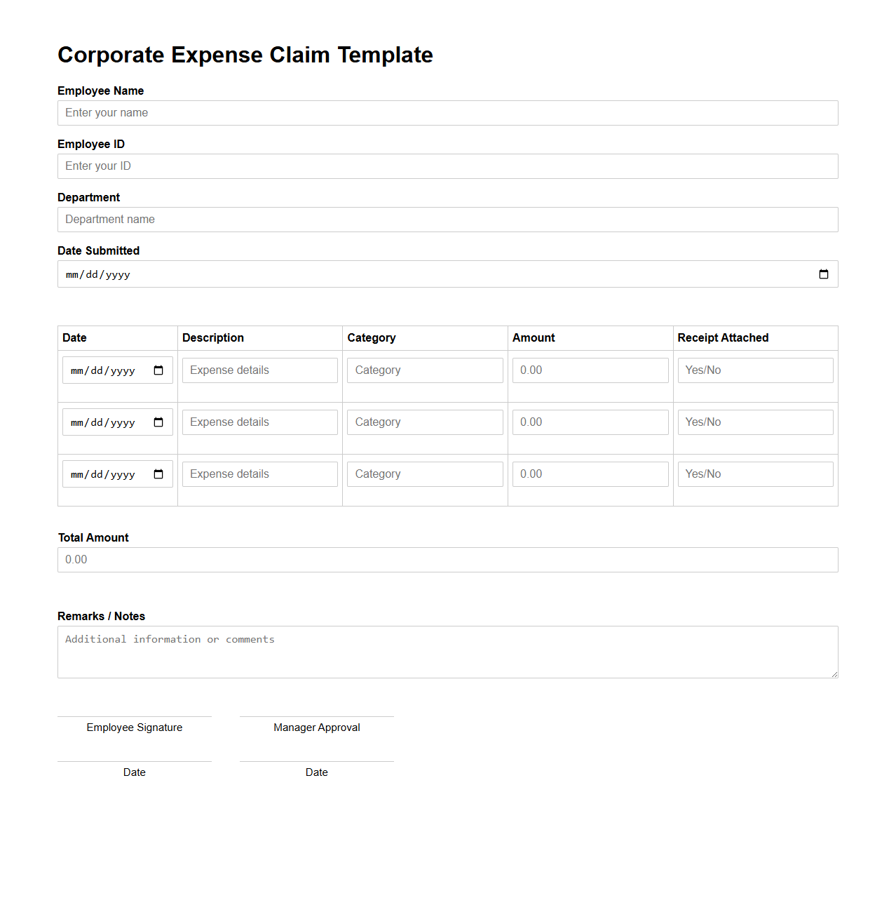 Corporate Expense Claim Template