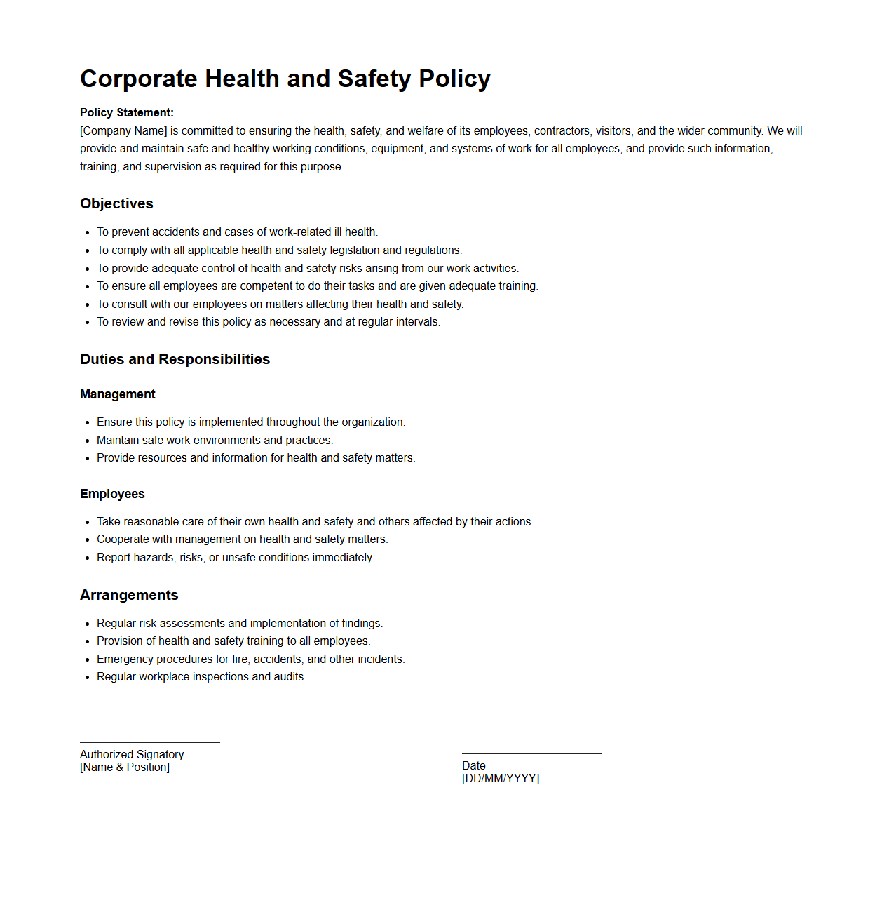 Corporate Health and Safety Policy Format