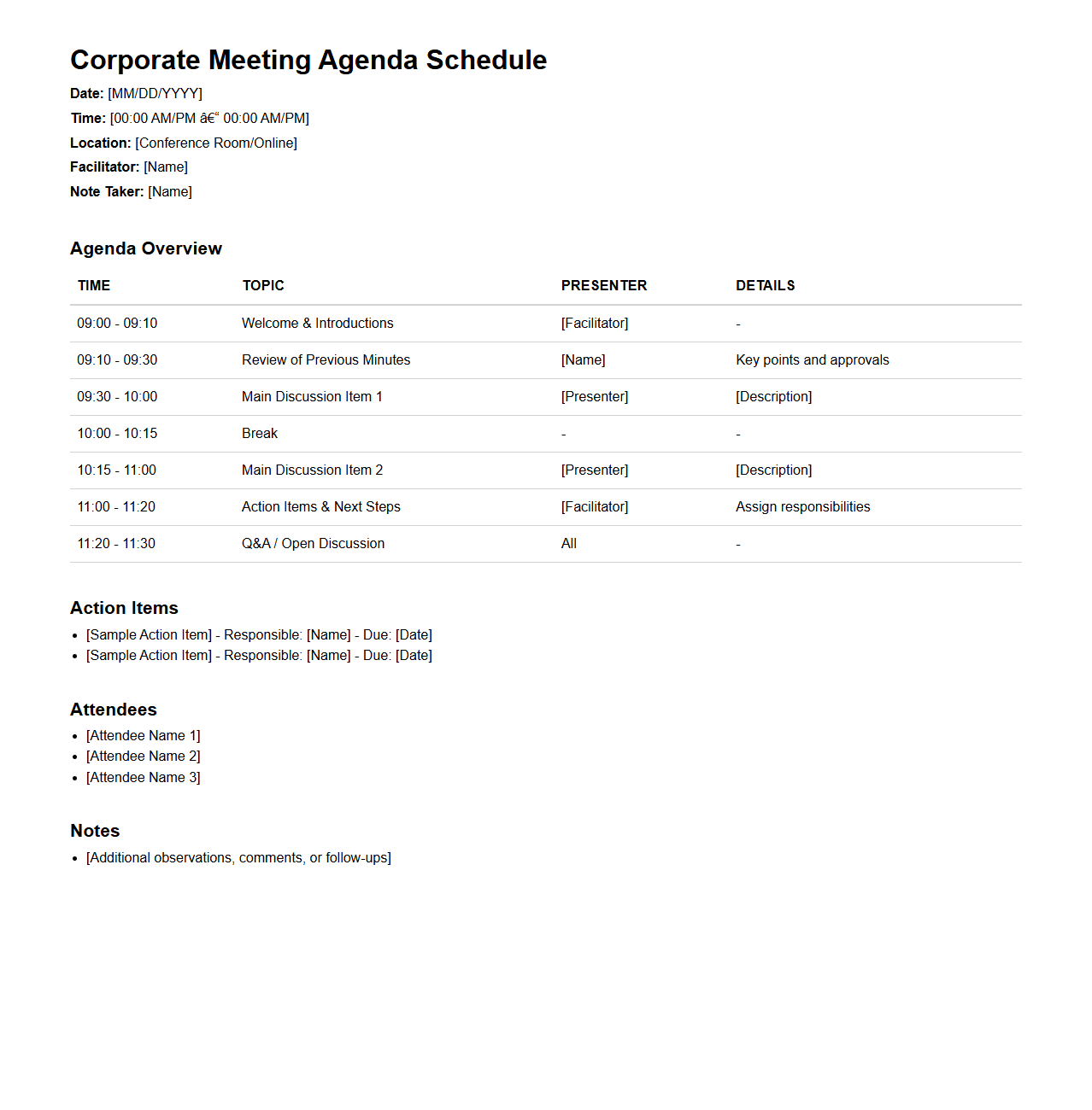 Corporate Meeting Agenda Schedule Template