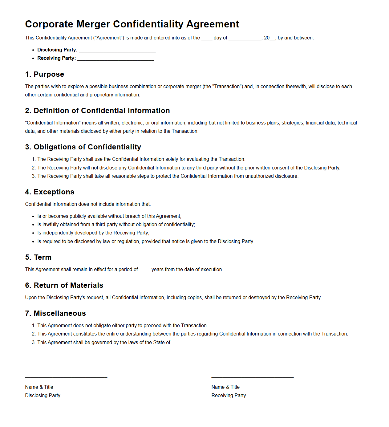 Corporate Merger Confidentiality Agreement Sample