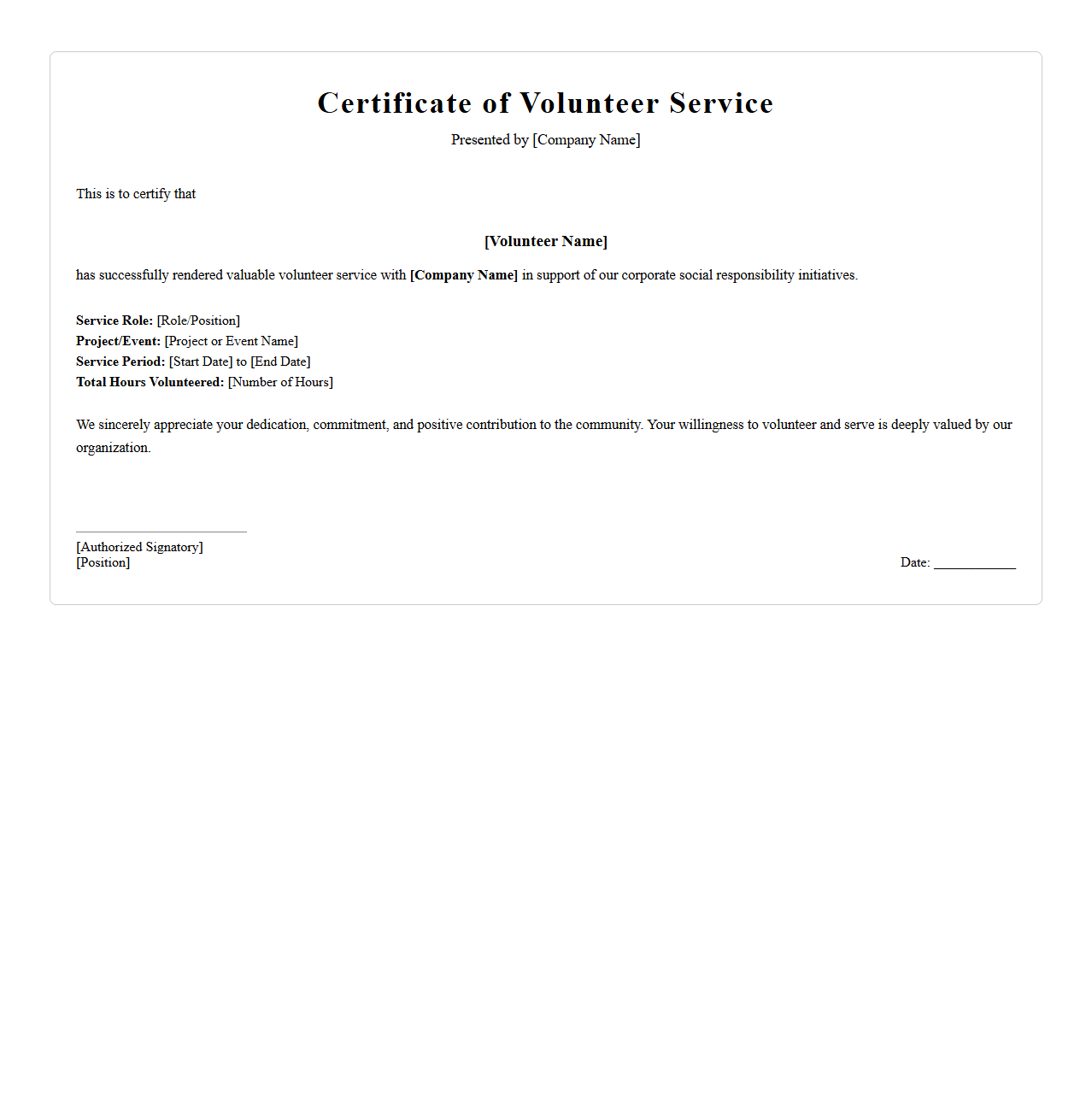 Corporate Volunteer Service Certificate Format