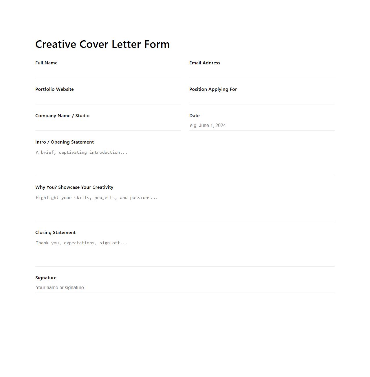 Creative Blank Cover Letter Form for Creative Industries