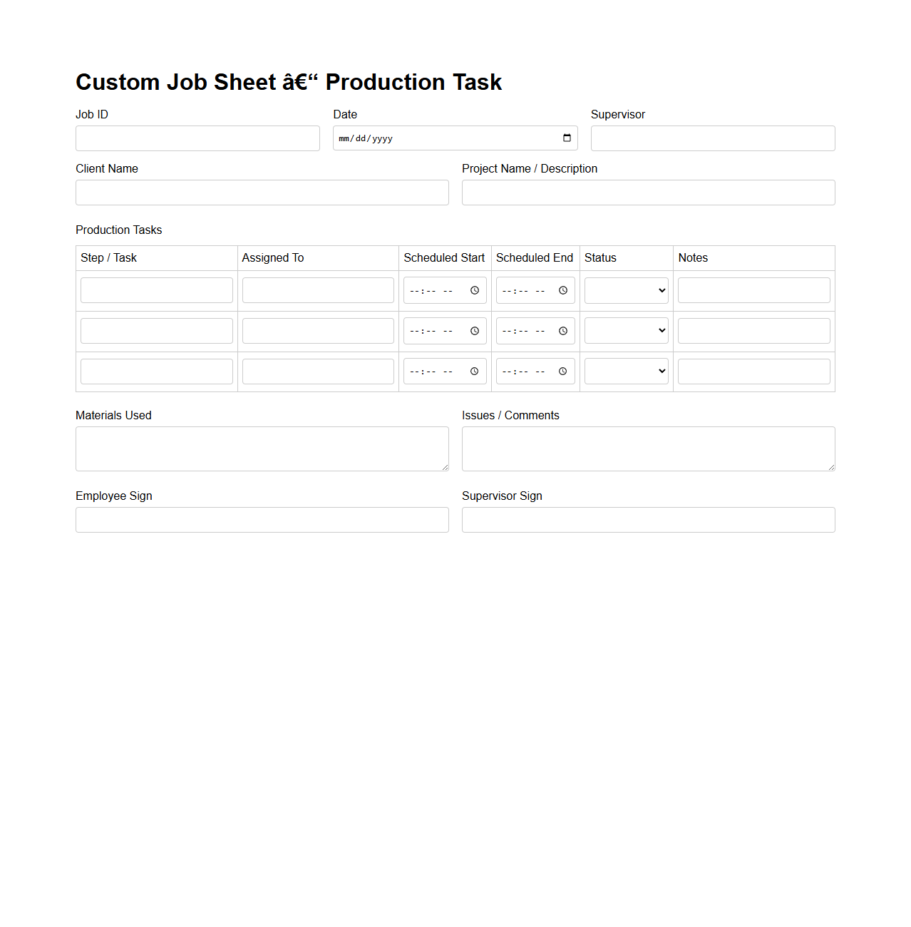 Custom Job Sheet Template for Production Tasks